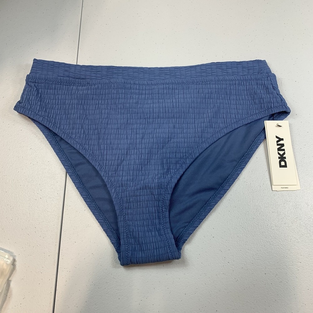 DKNY Women's Swim Bikini Bottoms M Blue Textured High Waist Tummy Compression